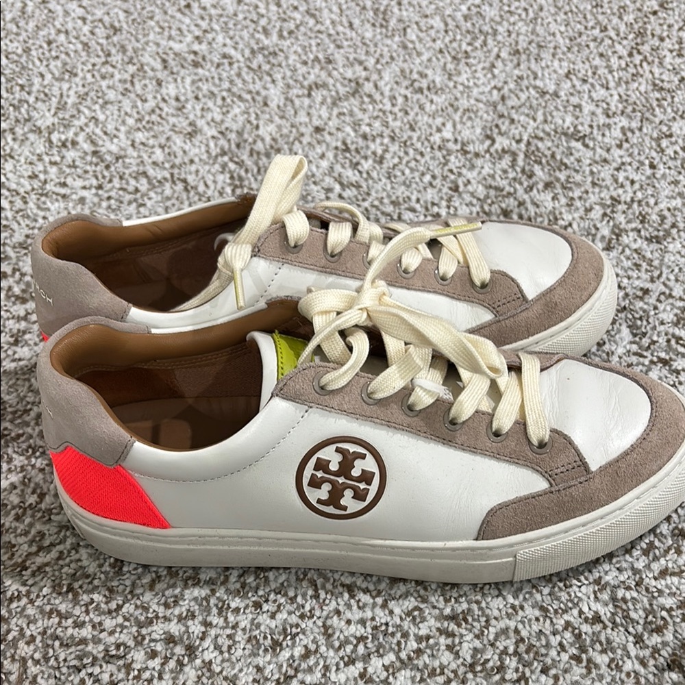 Tory Burch Cream and Tan Sneakers with Orange accent
8.5
